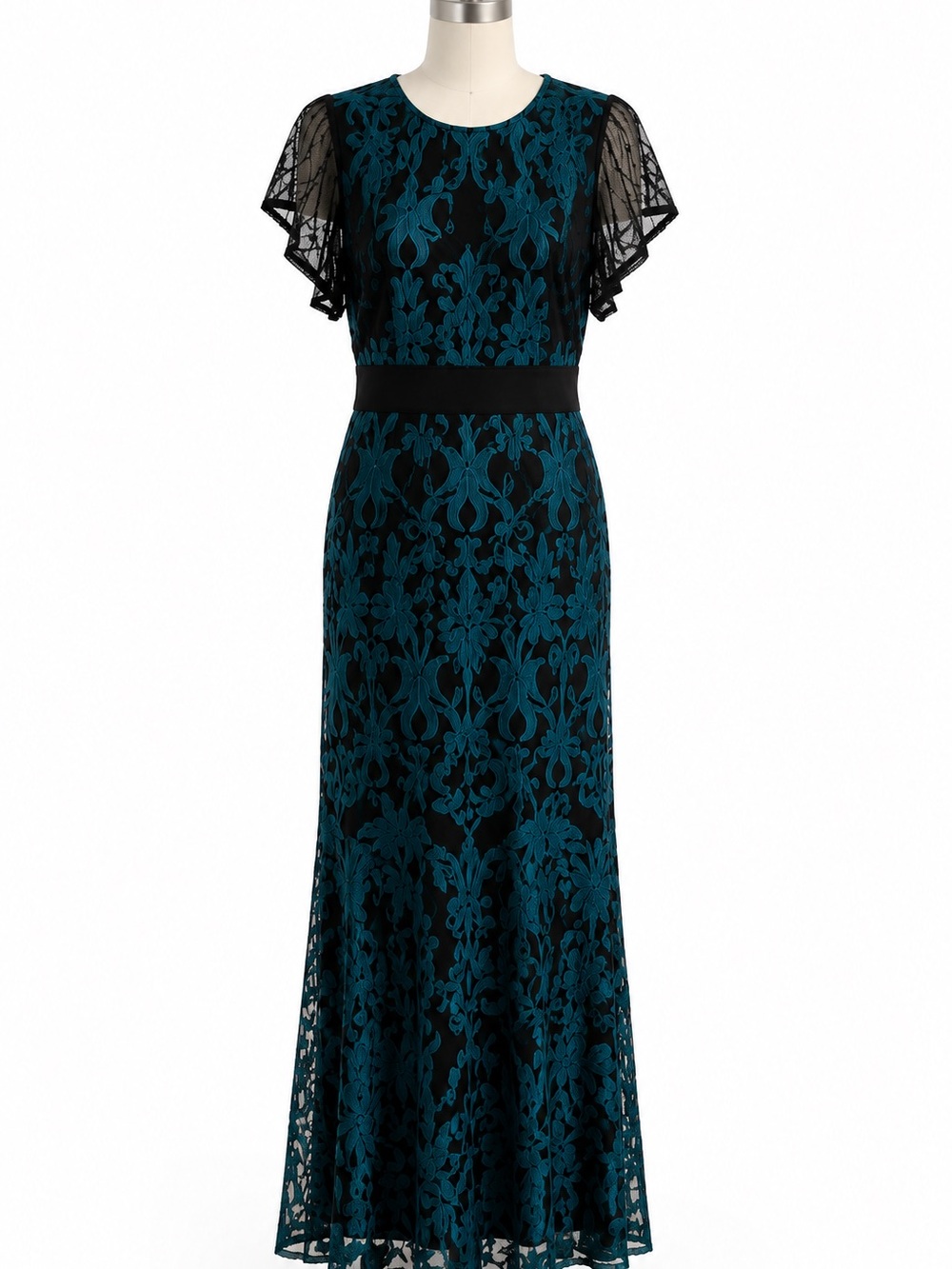 Teal Lace Overlay Flutter-Sleeve Maxi Dress